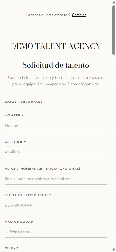 Registro de talento abierto en un celular