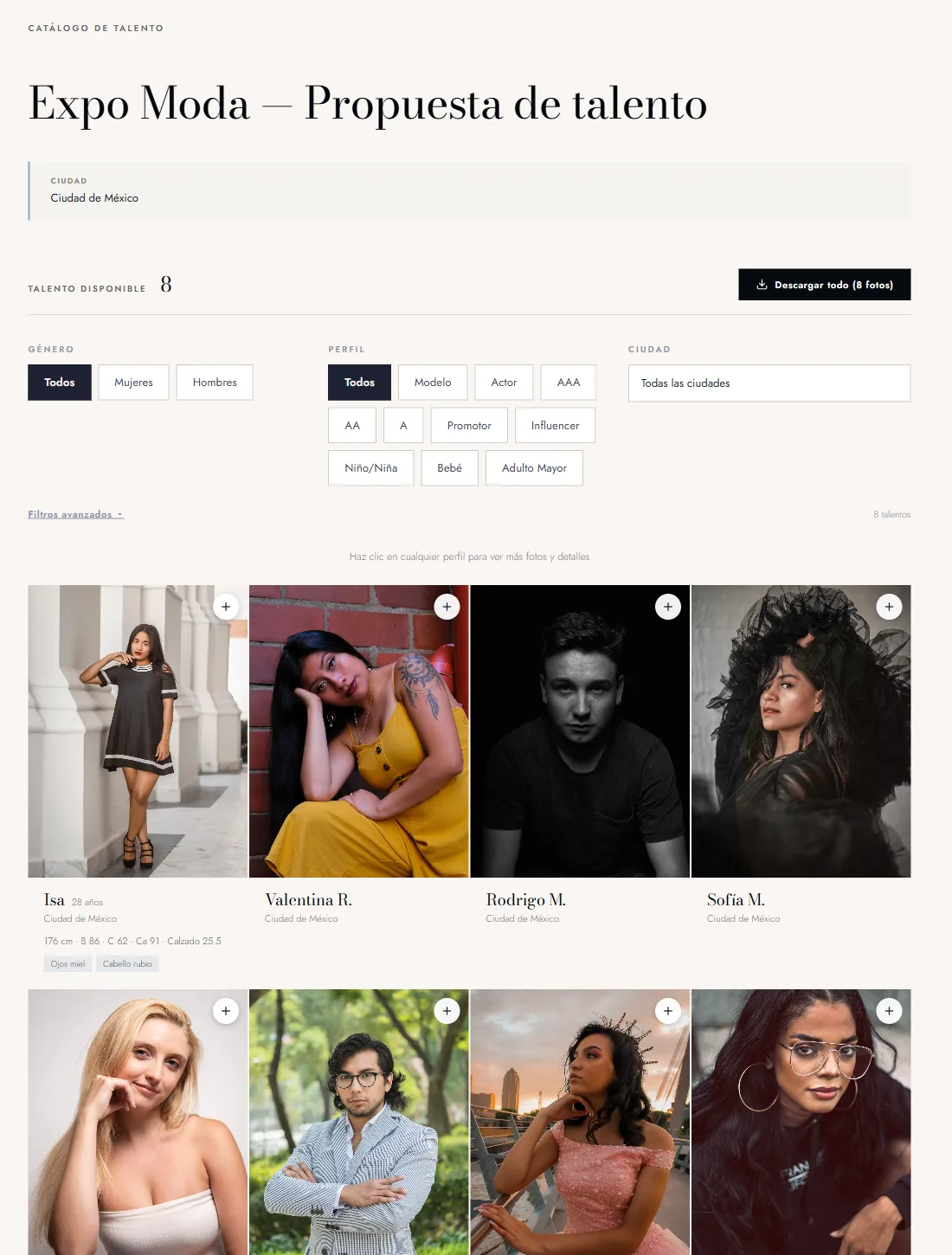 Catálogo de talento que recibe el cliente, con filtros por género, perfil y ciudad